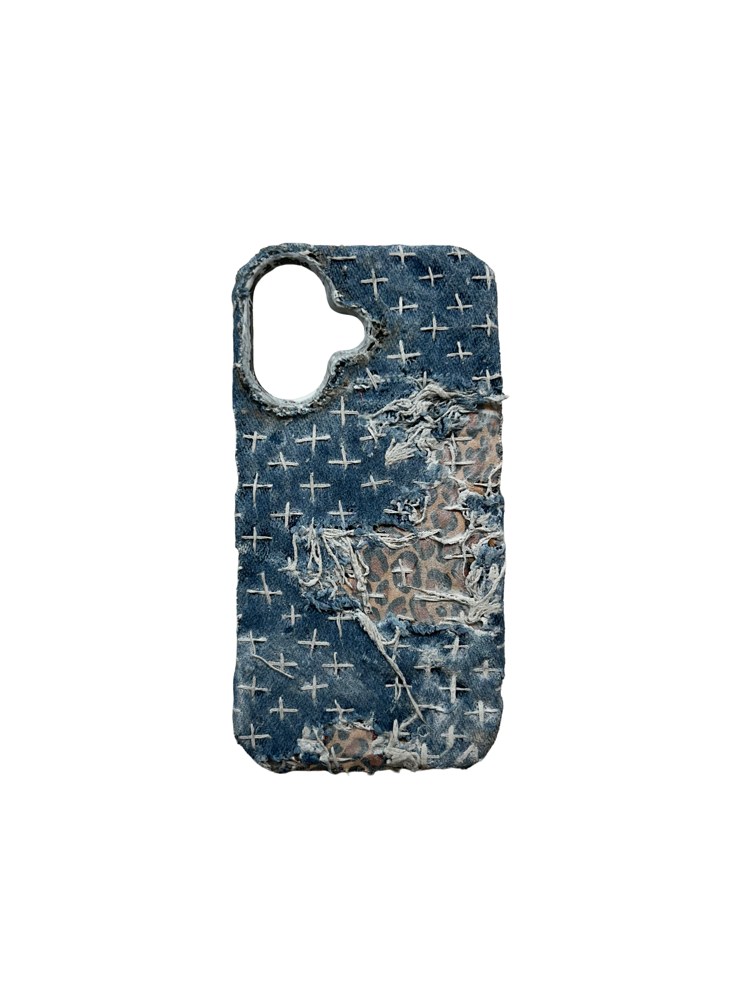 iPhone 16 Case: Hand Stitched Sashiko Denim with Cheetah Print white washed