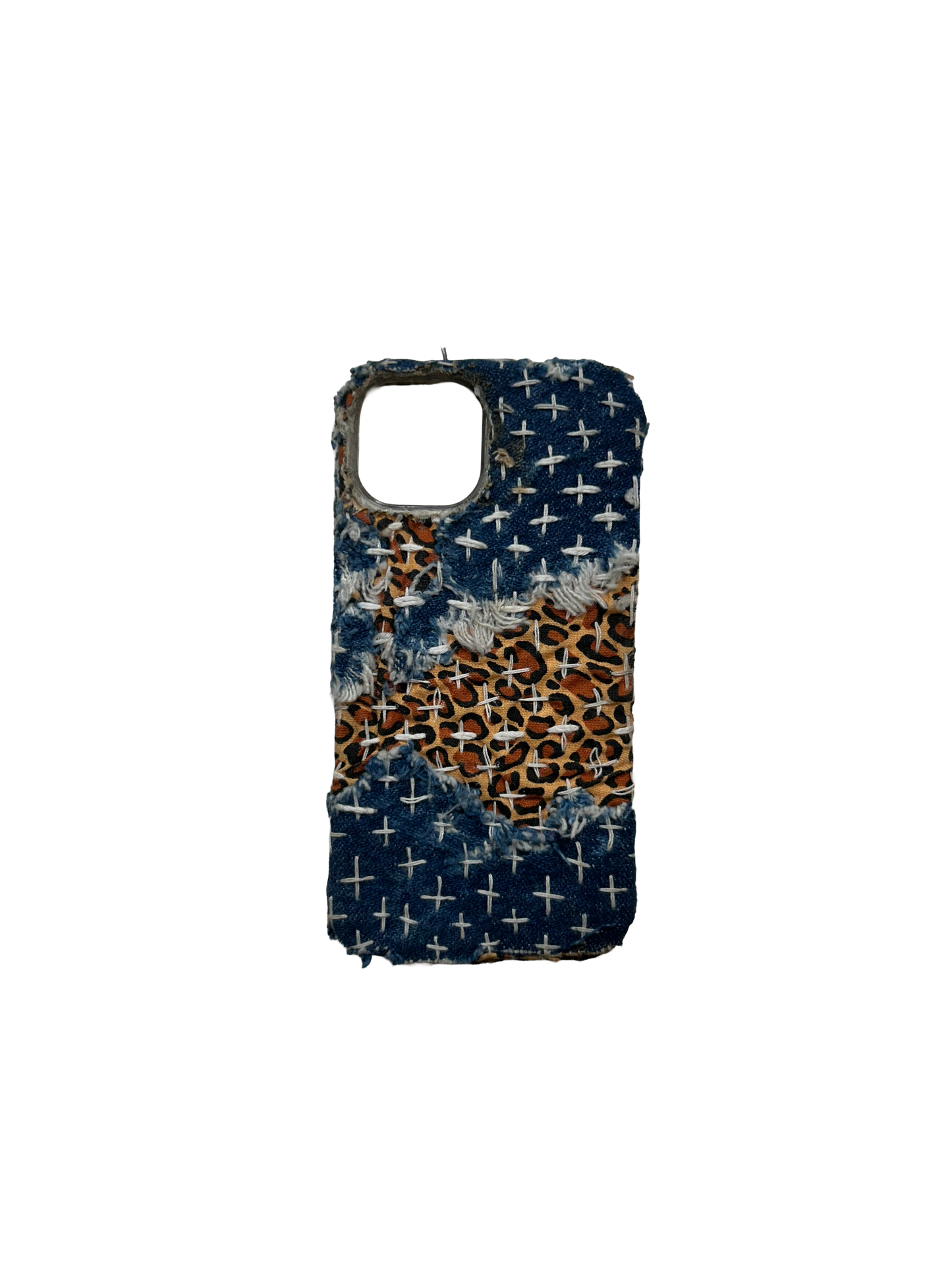 iPhone 13/14 Case: Hand Stitched Sashiko Denim with Cheetah Print