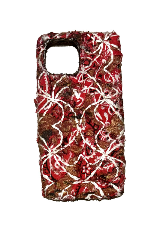 Boro/Sashiko iPhone 13 Case - Red/Gold