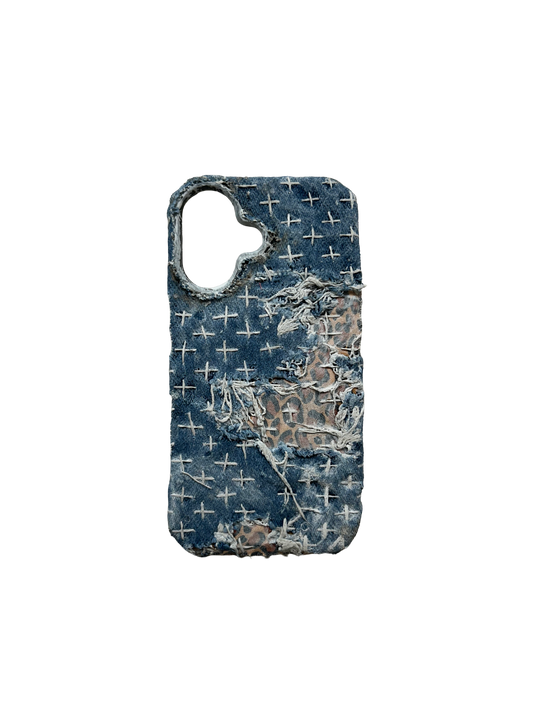 iPhone 16 Case: Hand Stitched Sashiko Denim with Cheetah Print white washed