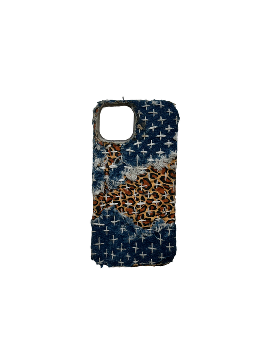 iPhone 13/14 Case: Hand Stitched Sashiko Denim with Cheetah Print